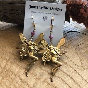 Antiqued Gold Fairy Earrings with Pink Tourmaline